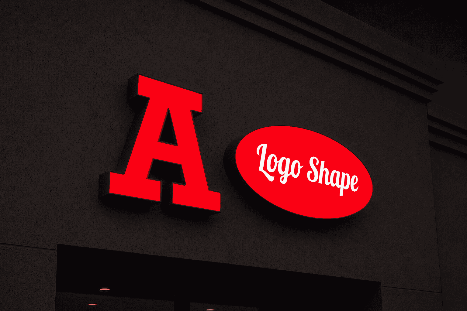 Front-lit channel letters and logo shape sign illuminated at night