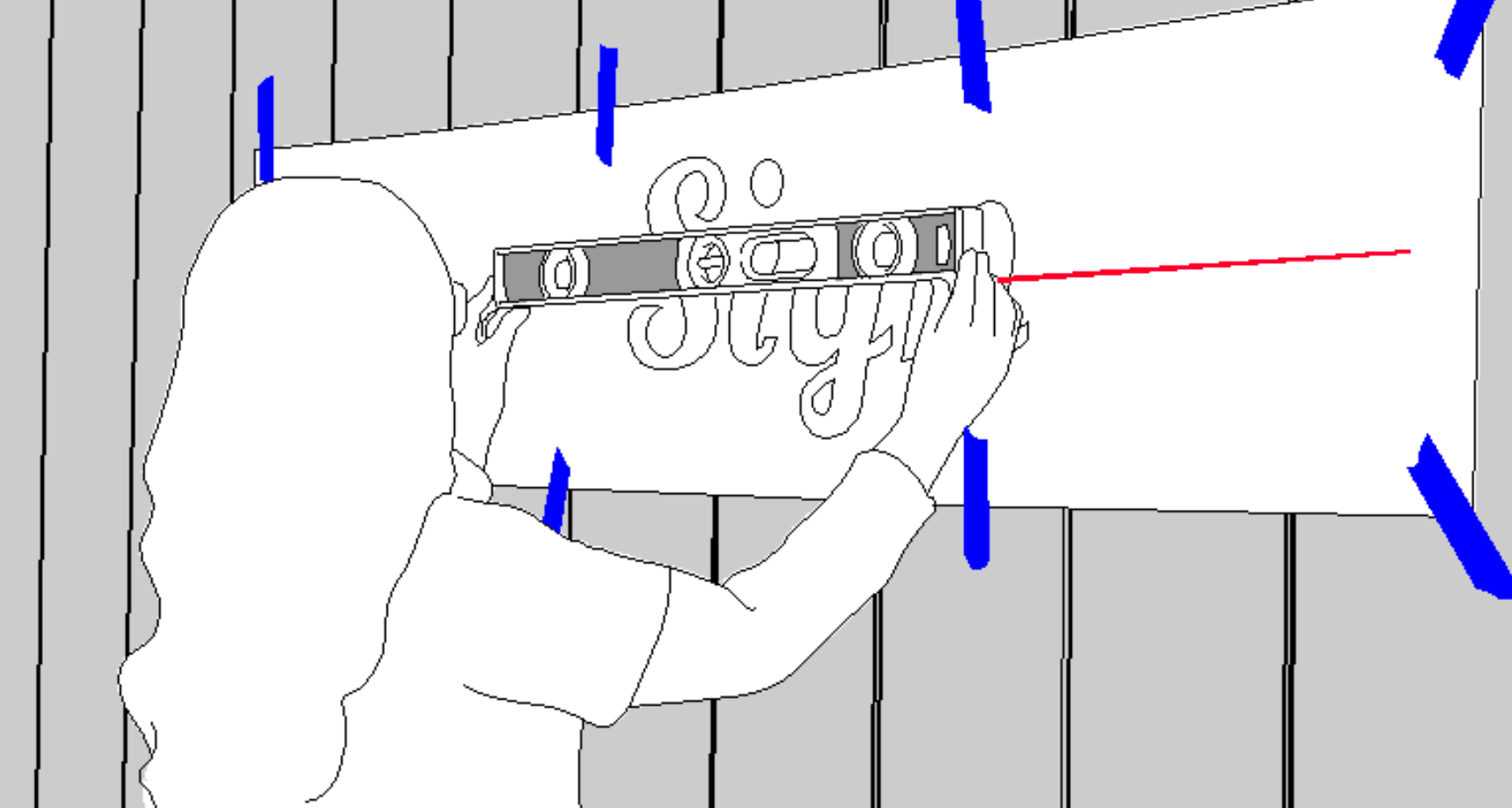 Stud mount letter installation pattern taped to the wall and leveled with the printed horizontal line