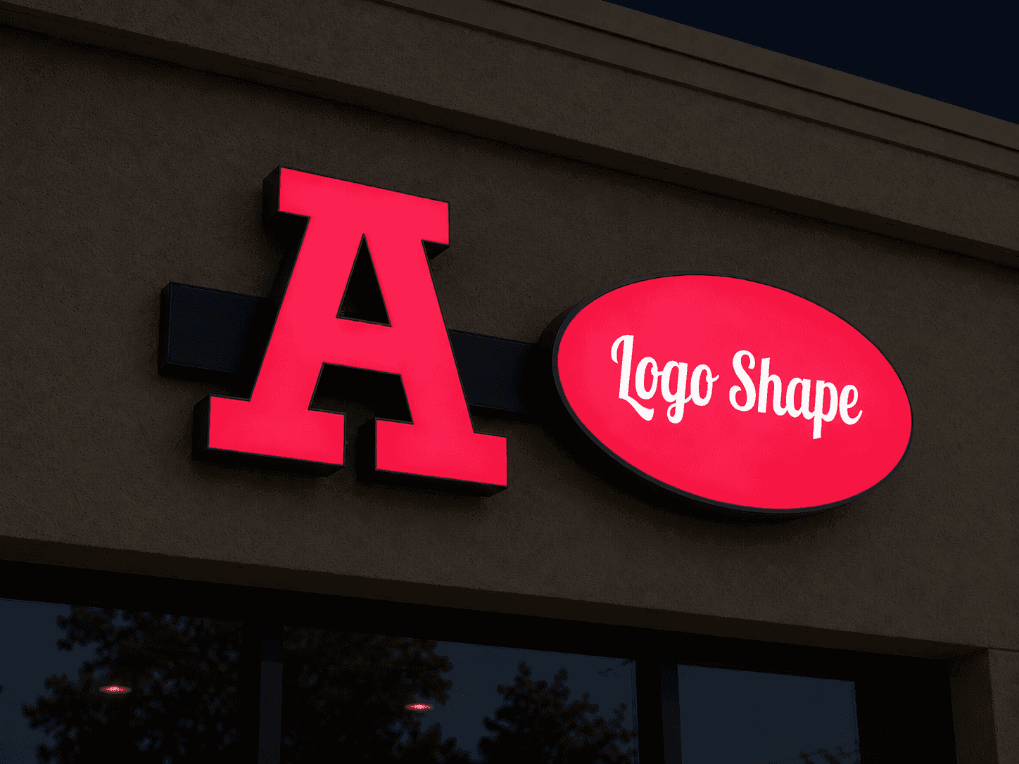 Front-lit channel letters and logo shape sign illuminated at night