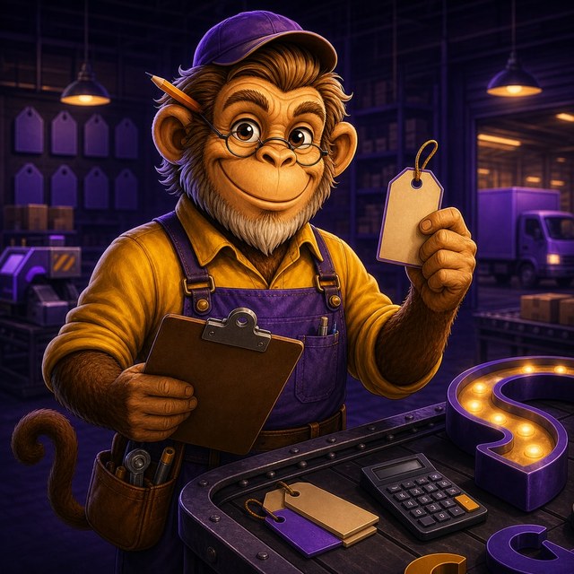 SignMonkey pricing mascot holding a blank price tag in a sign factory