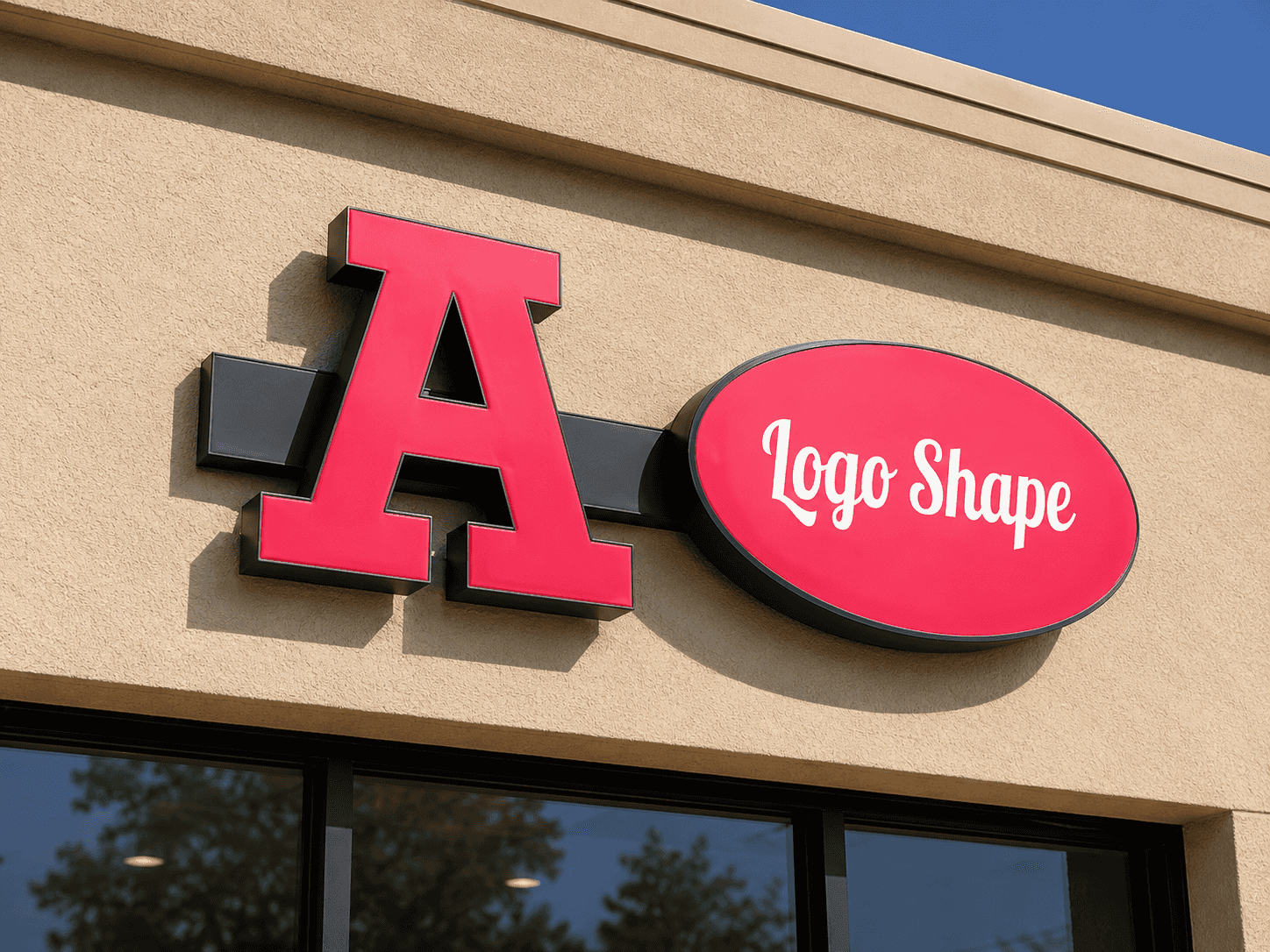 Raceway mounted face-lit channel letters and logo shape sign during the day