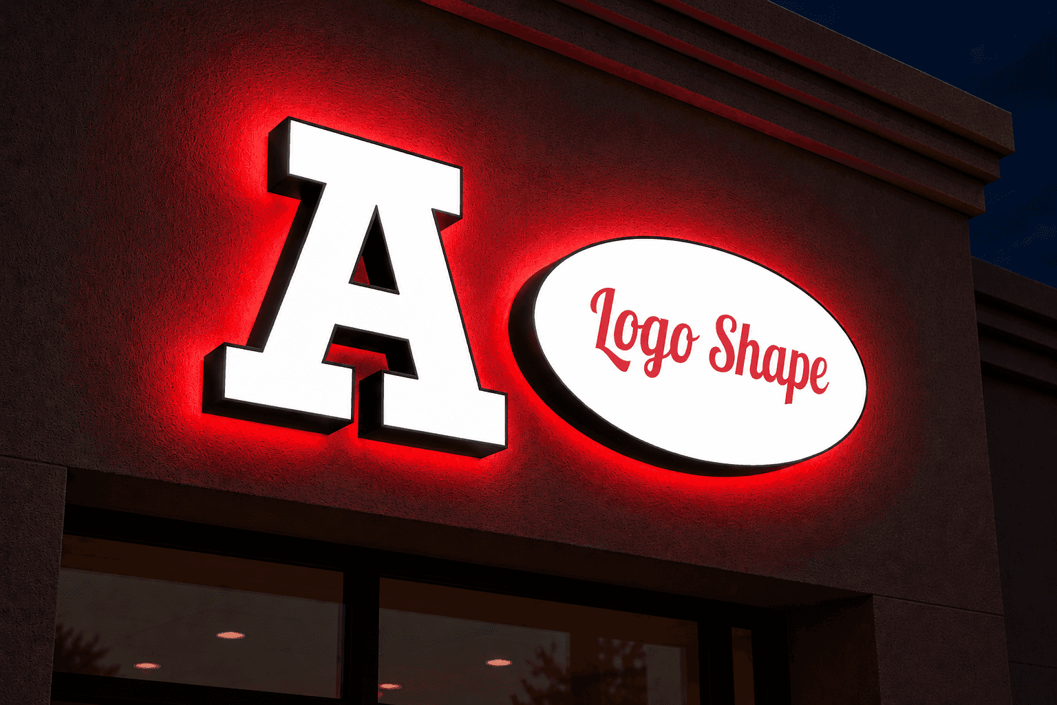 Face and halo channel letters and logo shape sign illuminated at night