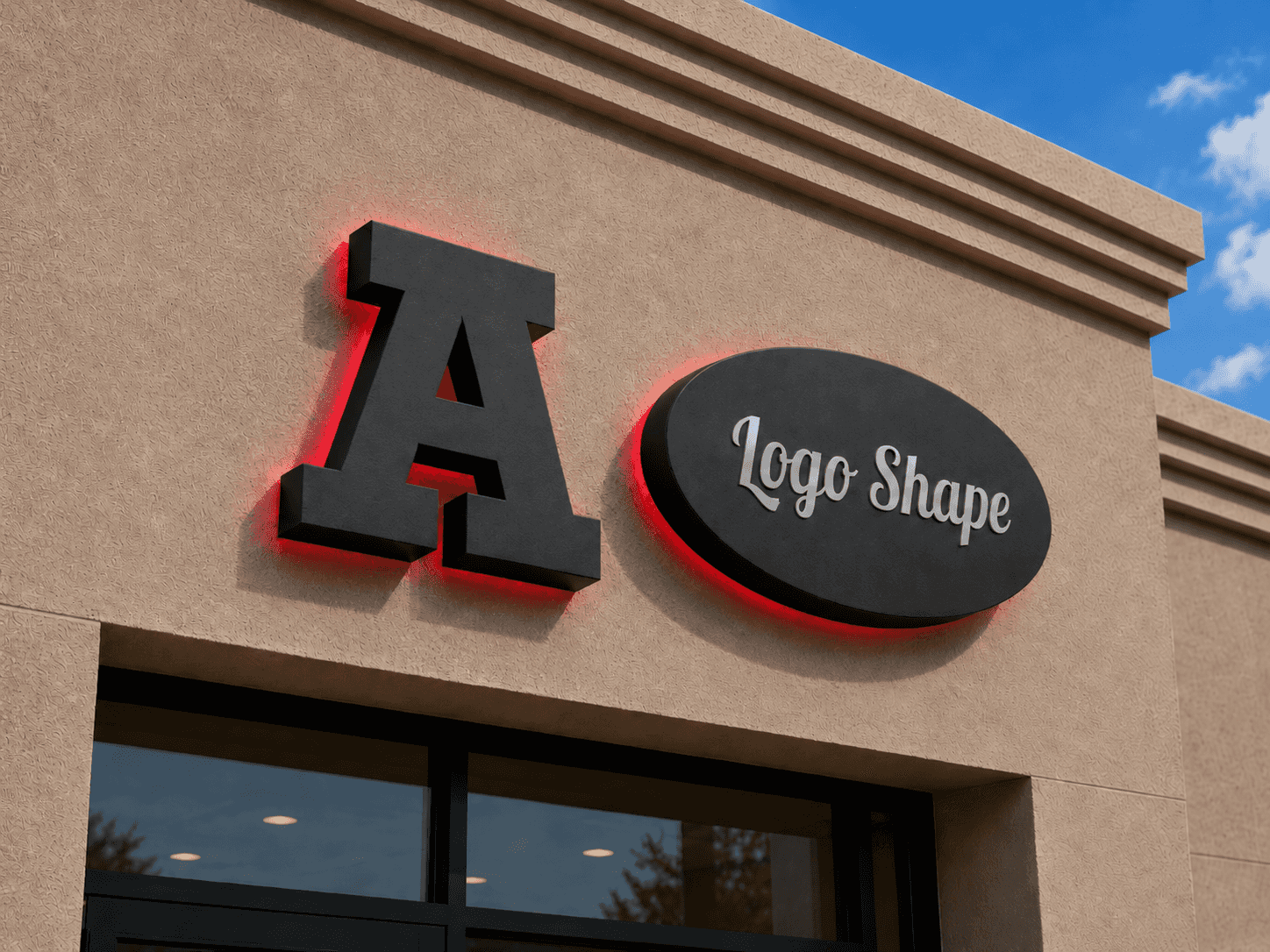 Halo-lit channel letters and logo shape sign during the day