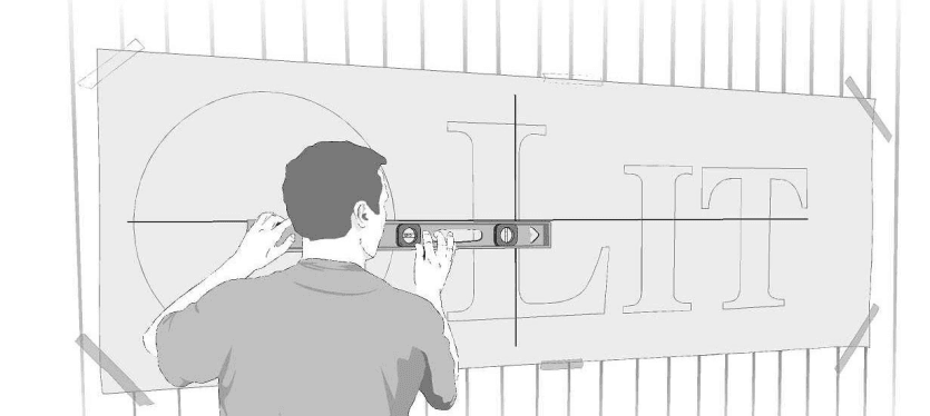 EZLit channel letter installation pattern taped to wall and leveled with printed guide lines