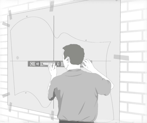 Self-contained illuminated sign installation pattern taped to wall and leveled with printed guide lines